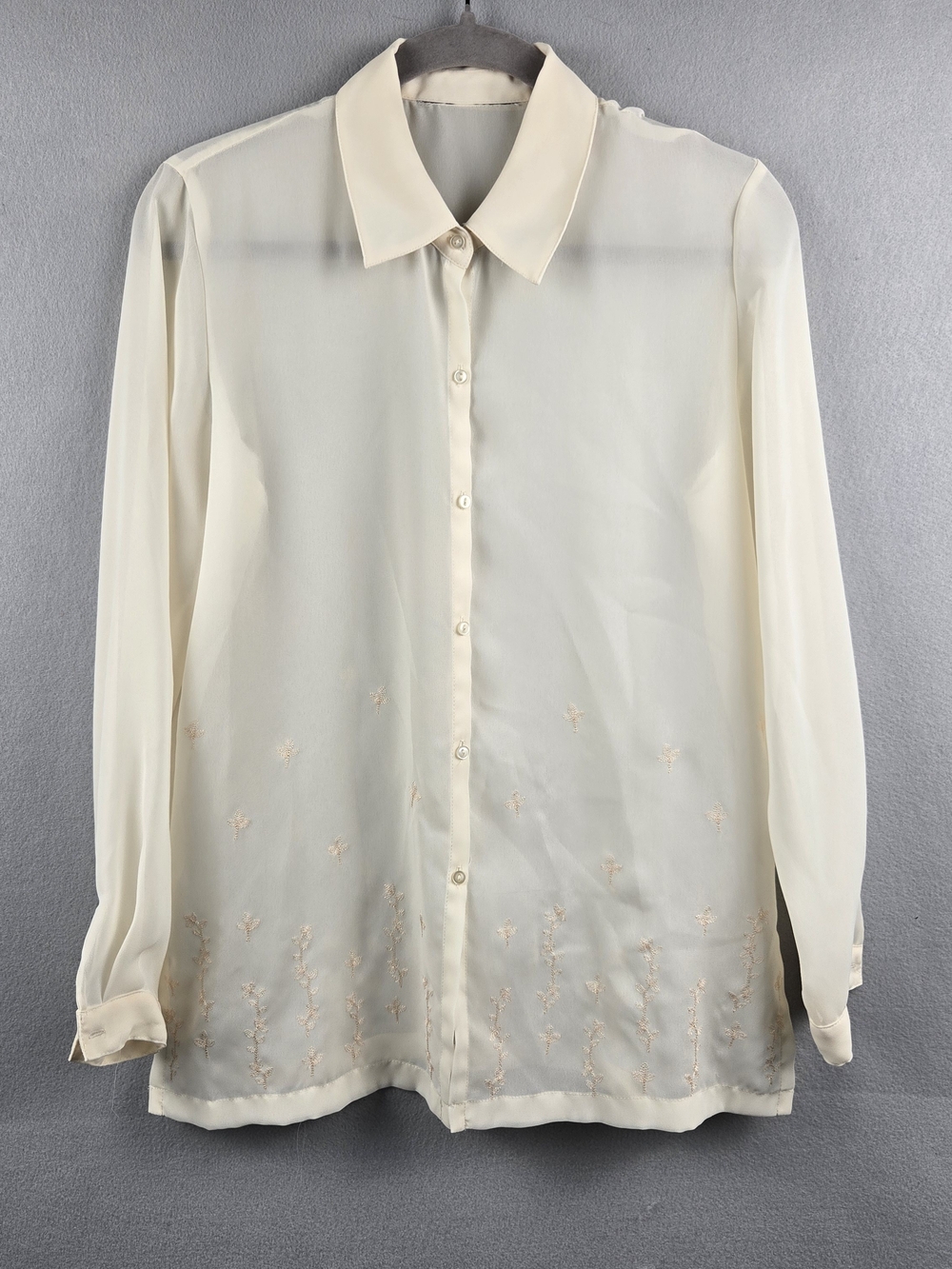 Vintage Sheer Embroidered Ivory Button-Up Blouse